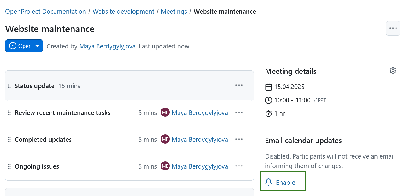 Icon to enable calendar updates for meeting changes in OpenProject one-time meetings