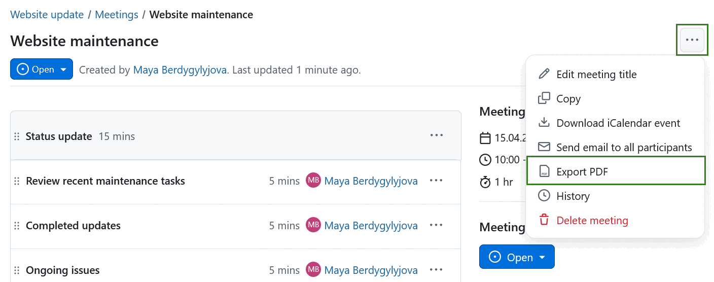 Option to export a meeting in PDF format in OpenProject