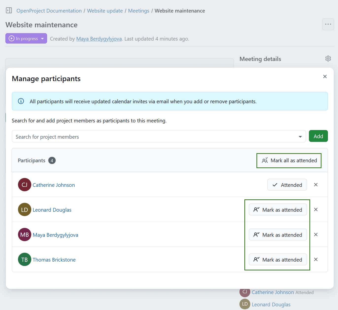 Button to mark meeting participants as attended in OpenProject meetings module