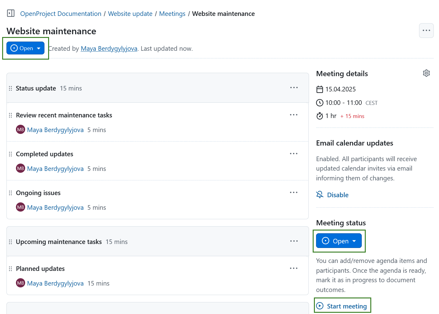 Link to start a meeting in OpenProject