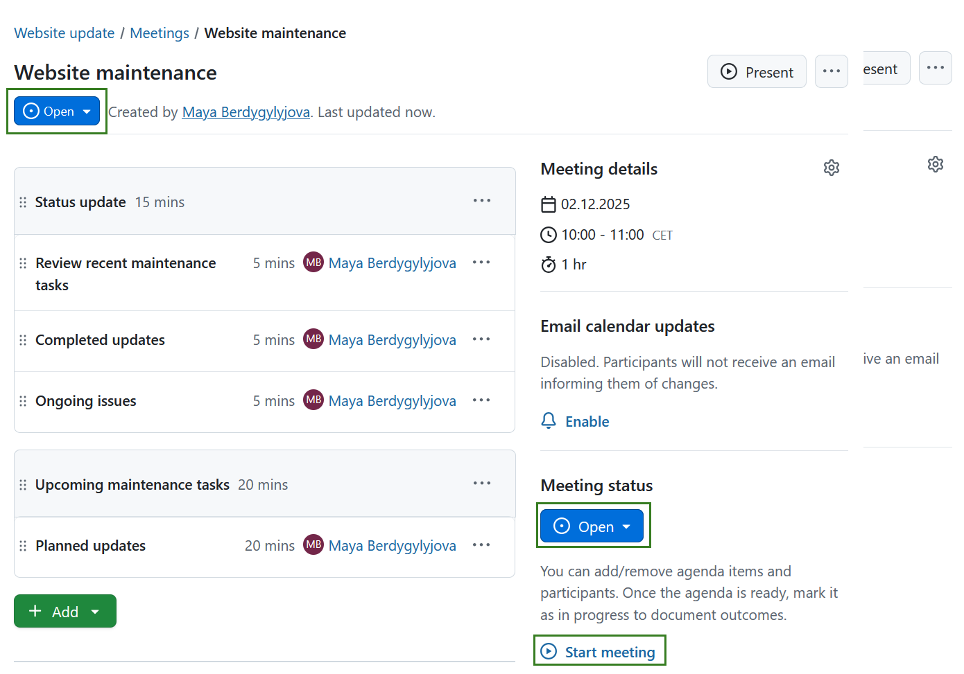 Link to start a meeting in OpenProject