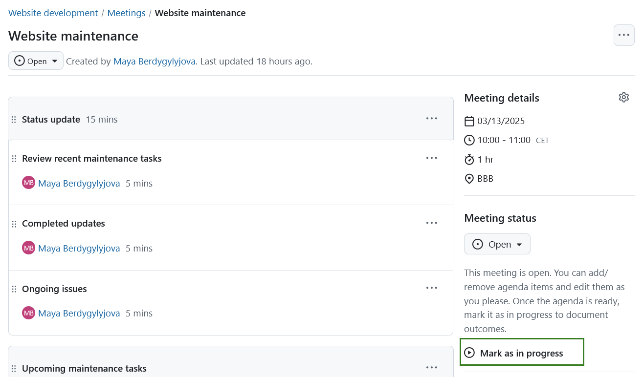 Mark a meeting as in progress in OpenProject