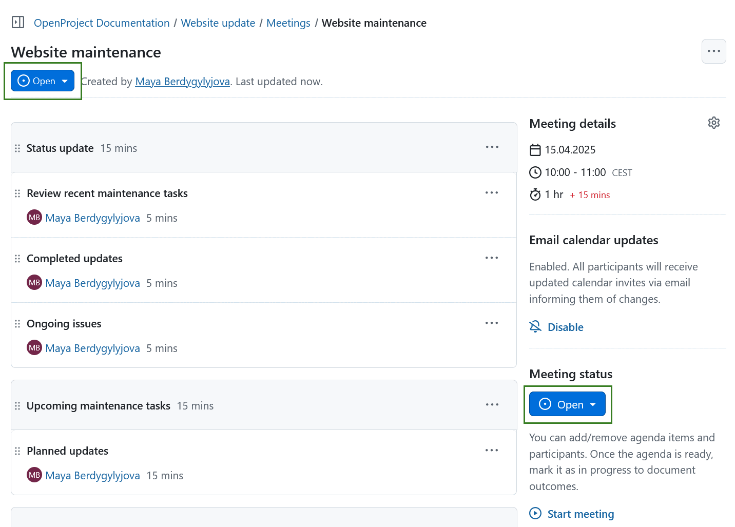 Meeting status in OpenProject