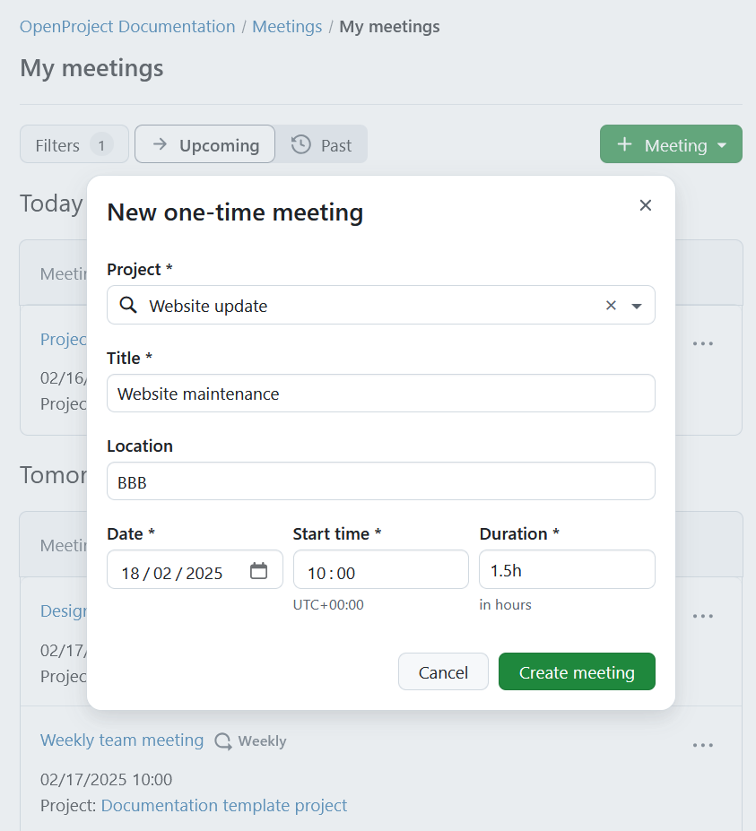 Create a new one-time meeting in OpenProject