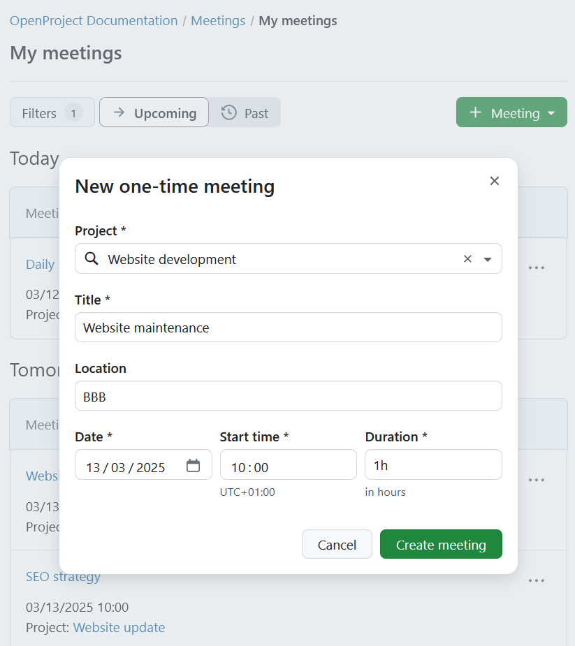 Create a new one-time meeting in OpenProject