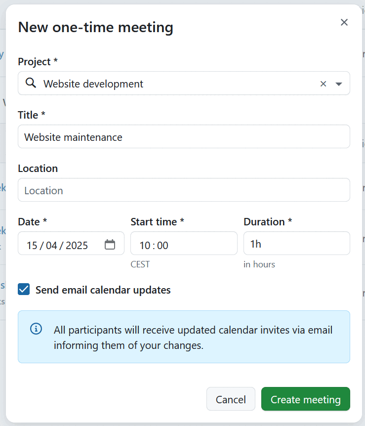 Create a new one-time meeting in OpenProject
