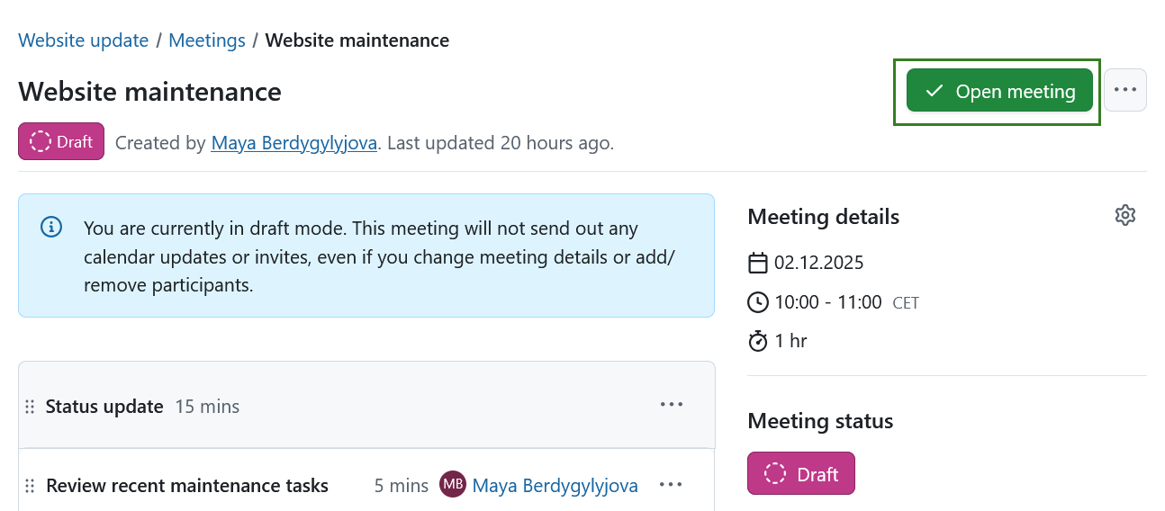 A button to end the draft mode and mark a meeting as open in OpenProject