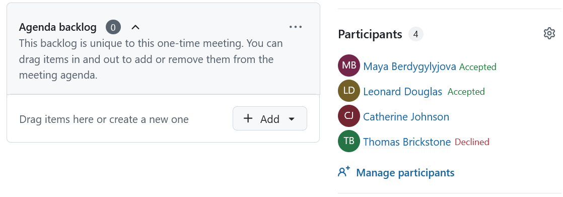 Meeting participants with their status highlighted in an OpenProject meeting