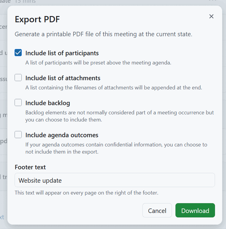 A dialogue to specify the PDF export of a meeting in OpenProject