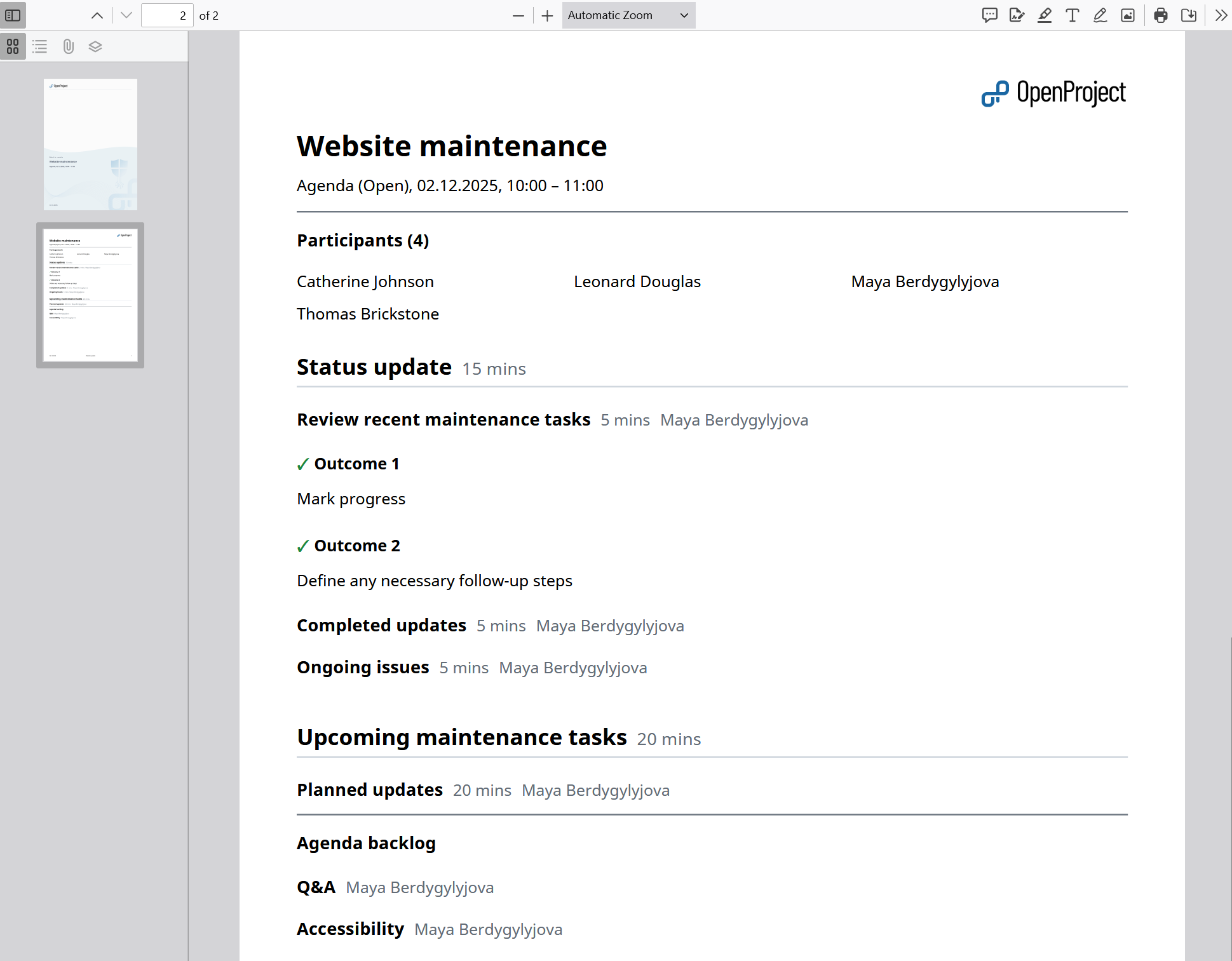 An example of a meeting exported as a PDF file in OpenProject meetings module