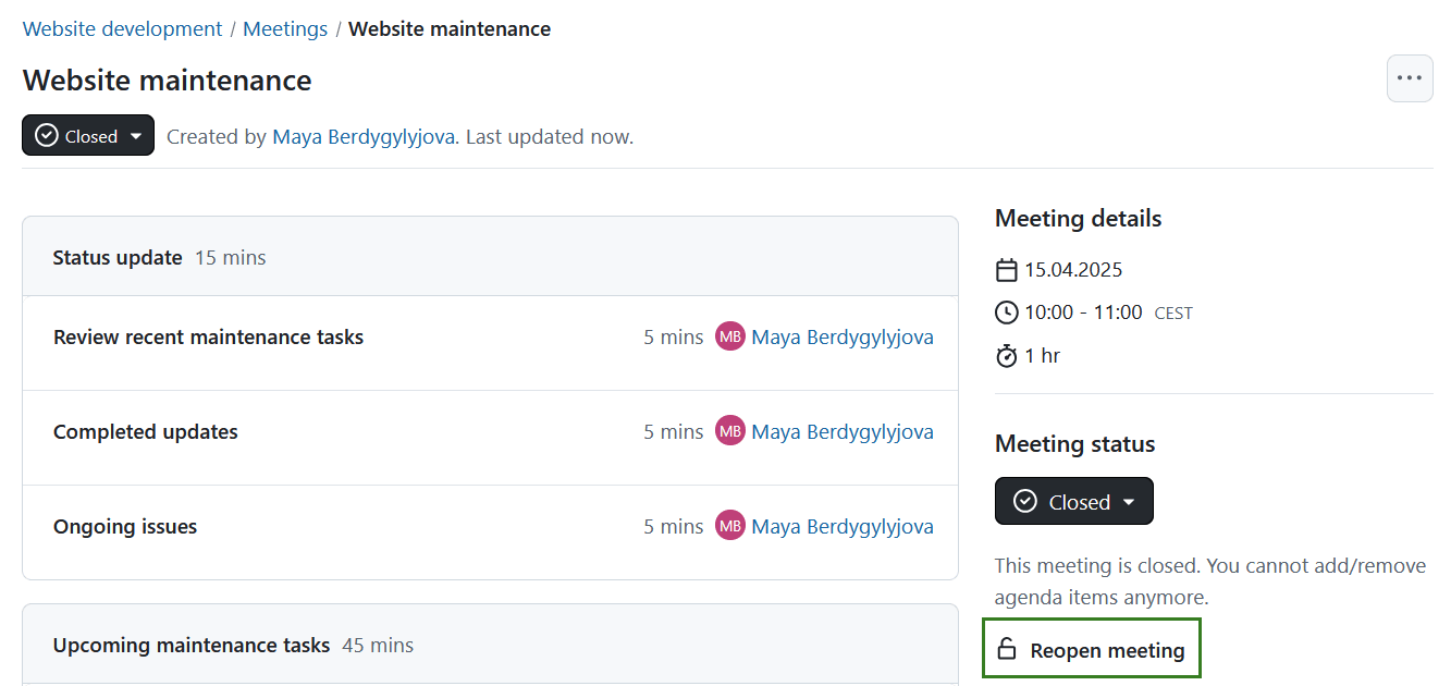 Re-open a meeting in OpenProject