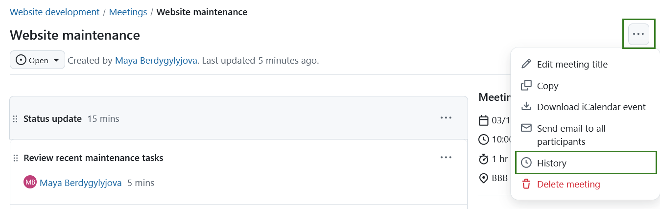 Select Meeting history option in OpenProject meetings