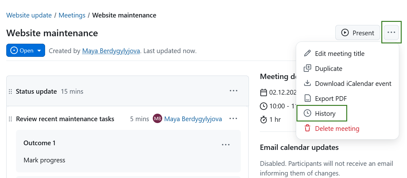 Select Meeting history option in OpenProject meetings