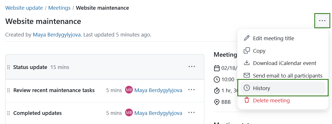 Select Meeting history option in OpenProject meetings