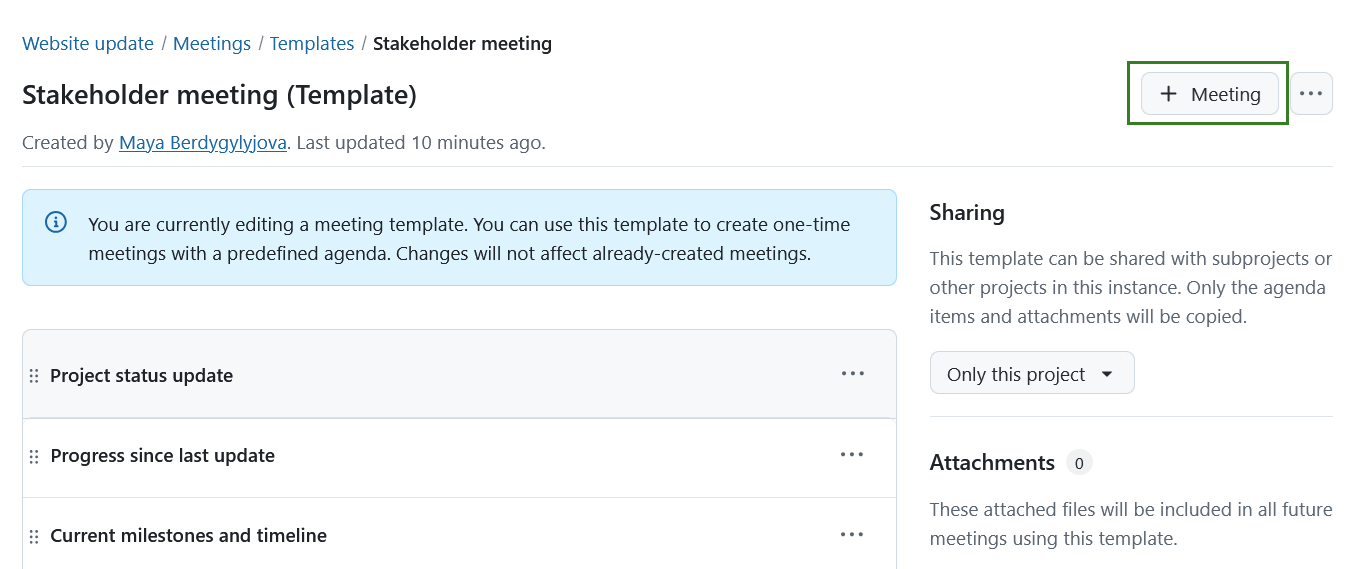 Create a new one-time meeting from a meeting template view in OpenProject meeting template