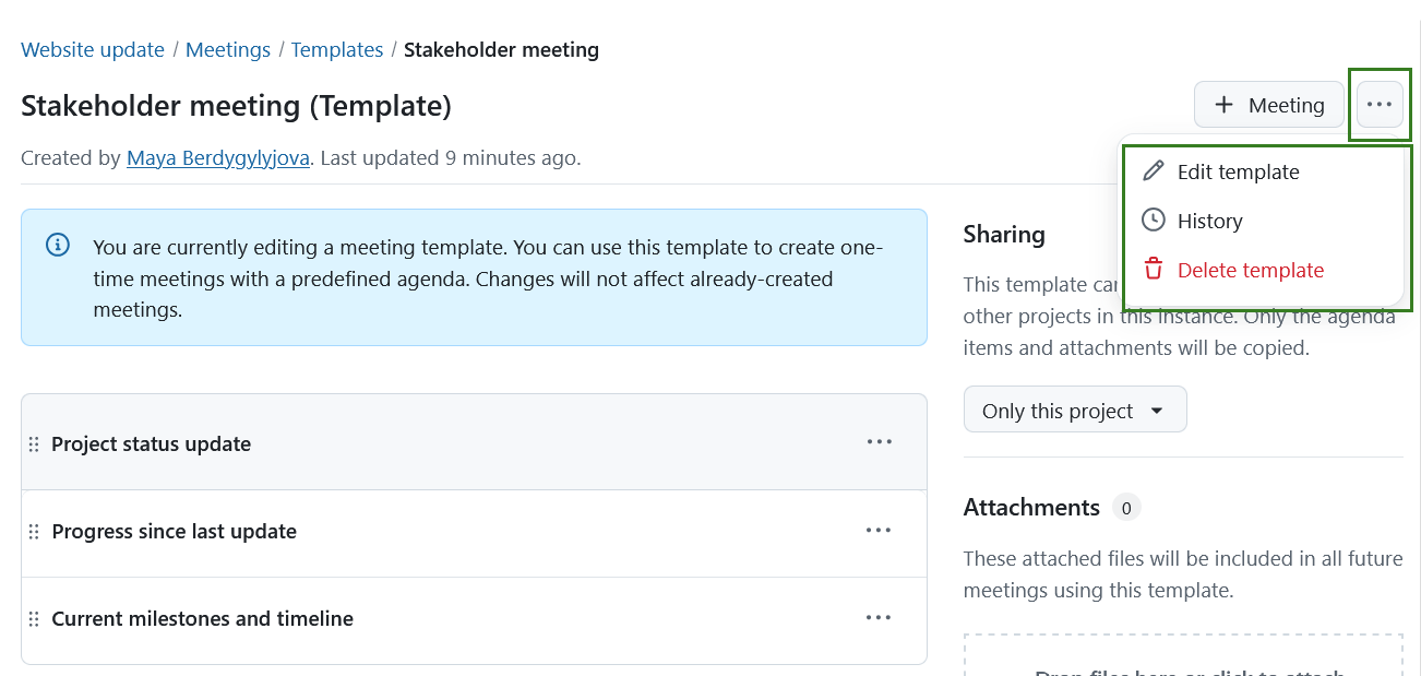 Edit, delete or view a meeting template history