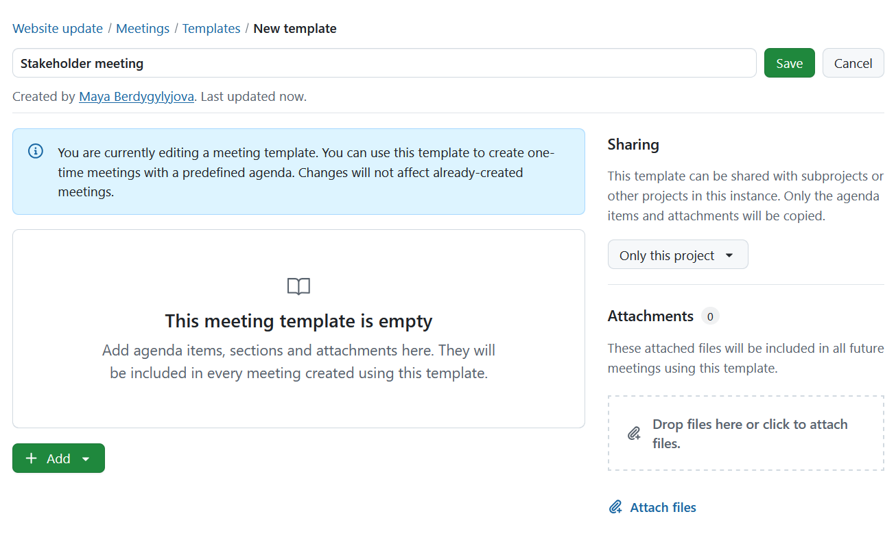 Name and define a new meeting template in OpenProject