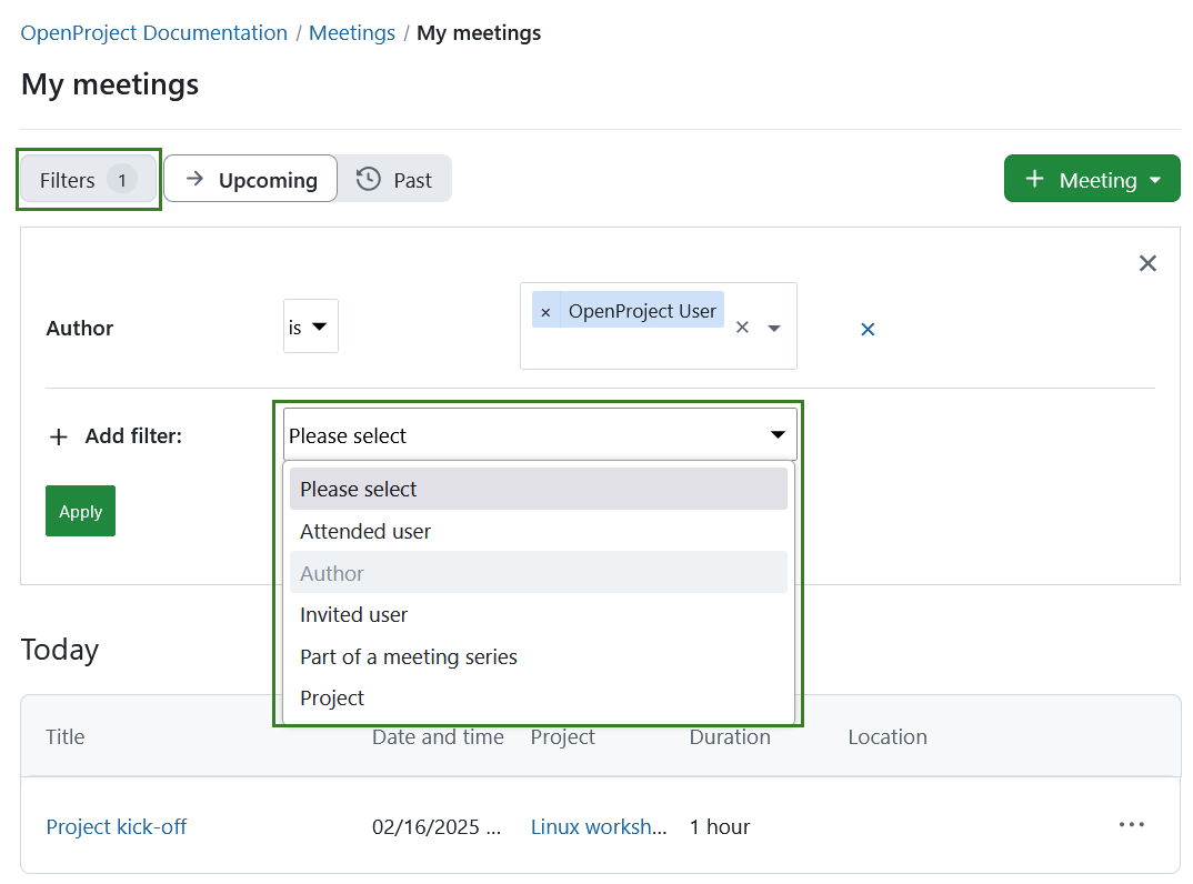 Filter the list of dynamic meetings in OpenProject