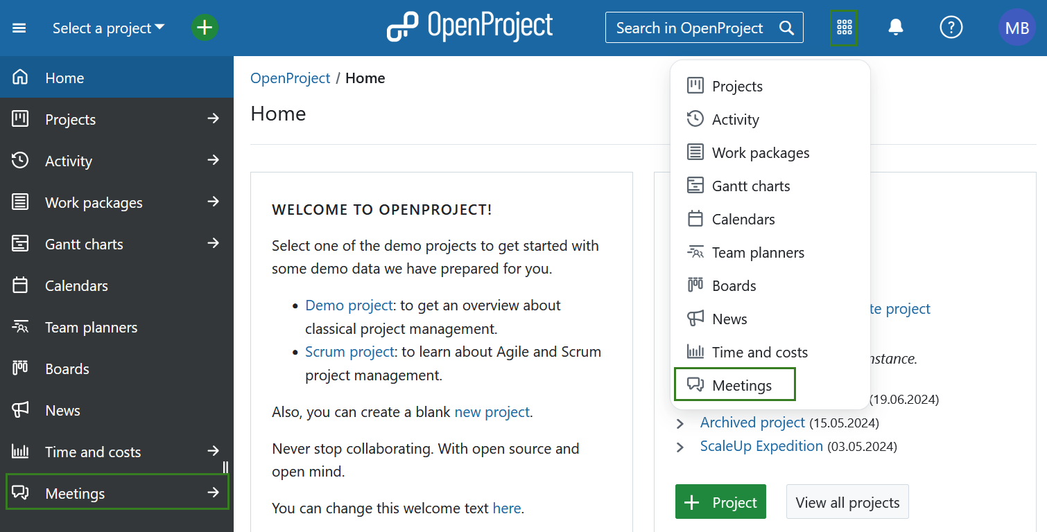 Select meetings module from openproject global modules 