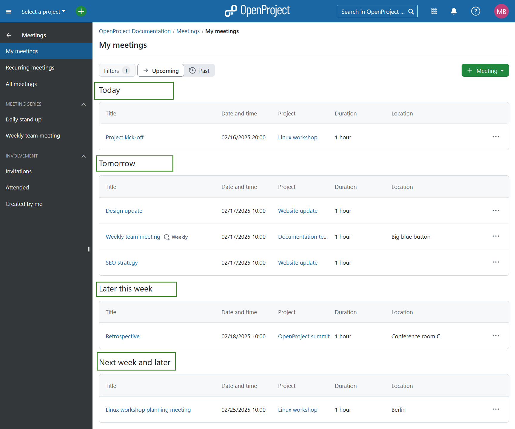 Meetings overview in openproject global modules