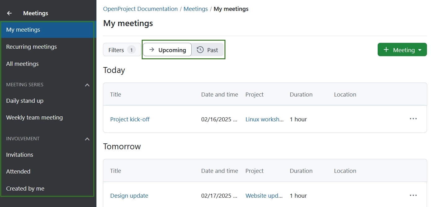 Meetings module side menu in OpenProject