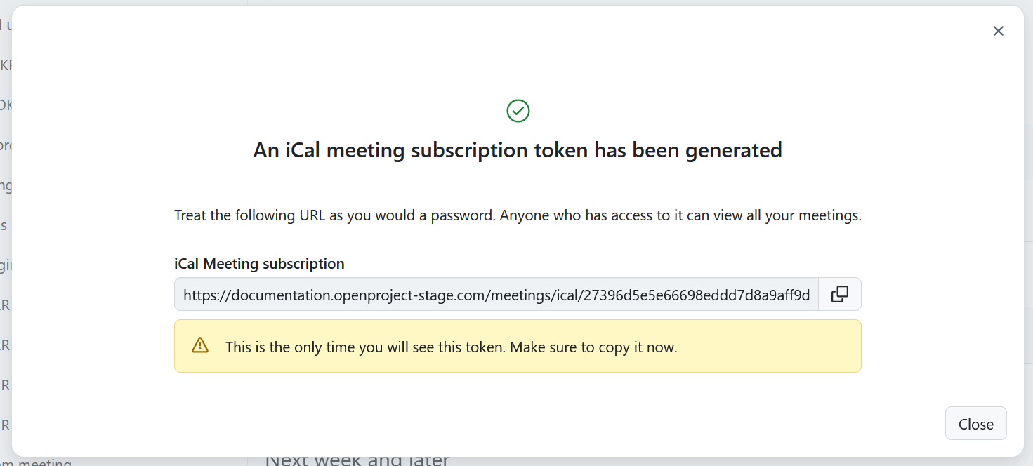 iCal meeting subscription URL shown when subscribing to a meetings calendar in OpenProject