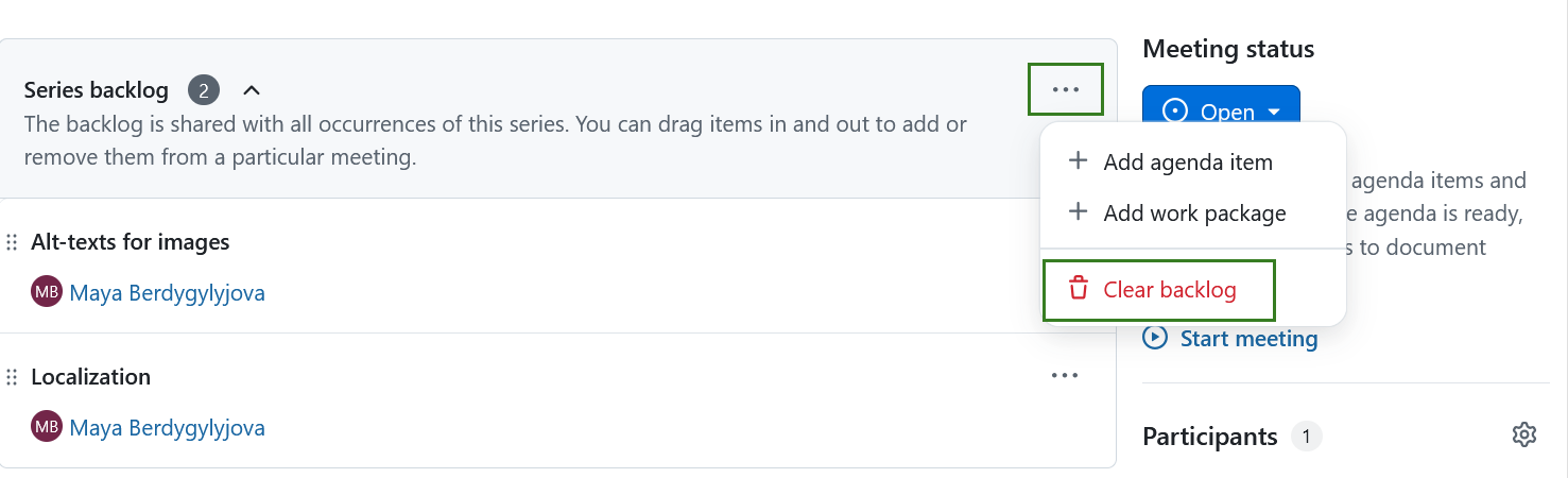 An option to clear a series backlog in OpenProject recurring meetings