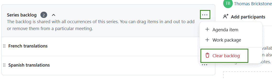 An option to clear a series backlog in OpenProject recurring meetings