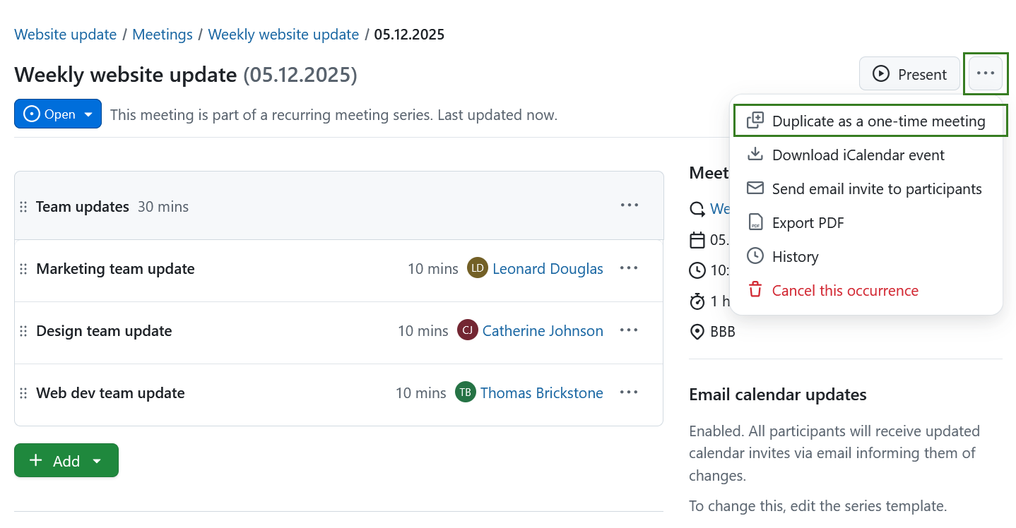 Copy a recurring meeting occurrence as a one-time meeting