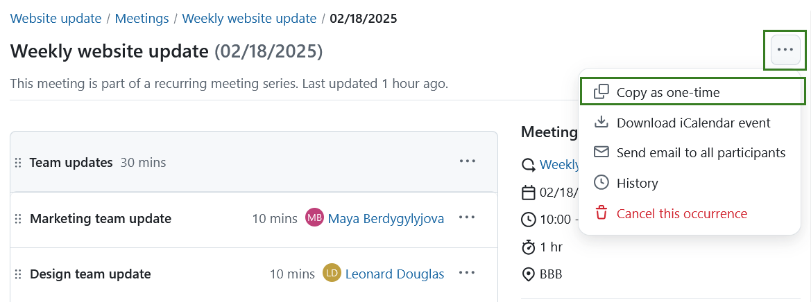 Copy a recurring meeting occurrence as a one-time meeting