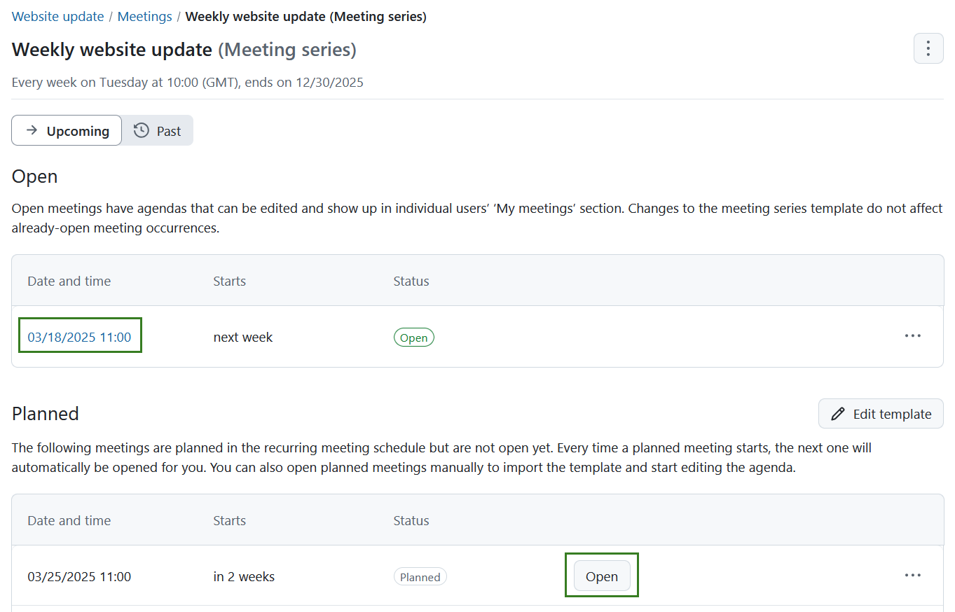 Select a meeting occurrence on a recurring meetings series index page