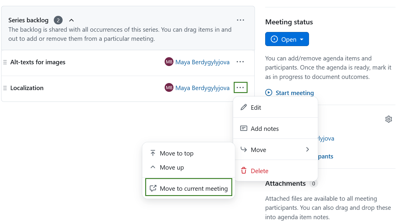 Move agenda items from the series backlog to the agenda in OpenProject Meetings