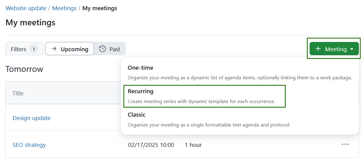 A button to create recurring meetings in OpenProject