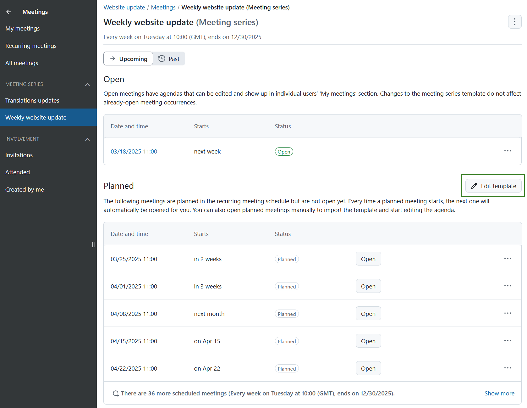 Edit template button for recurring meetings in OpenProject