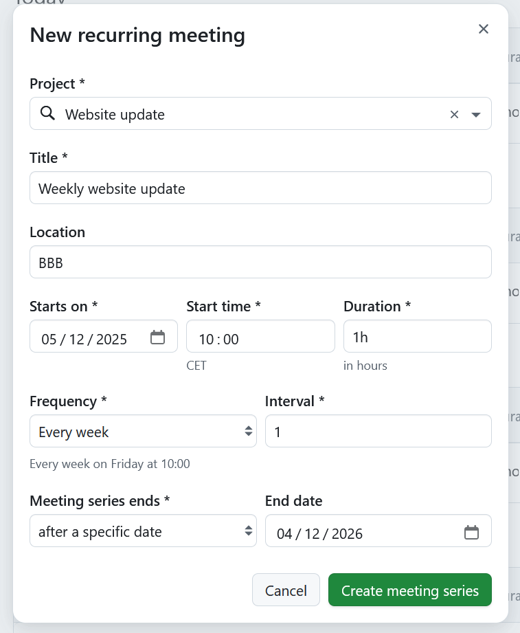 Form to create recurring meetings in OpenProject