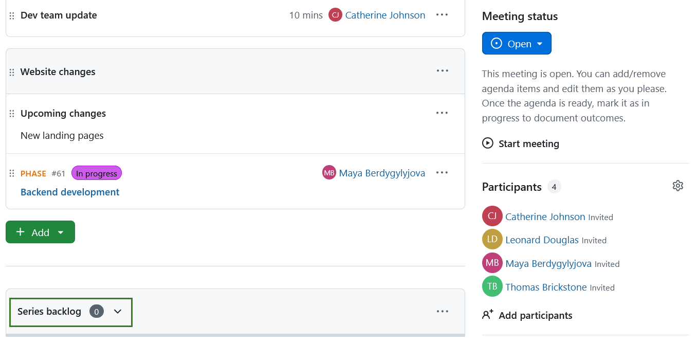 Agenda backlog section title collapsed, in OpenProject recurring meetings