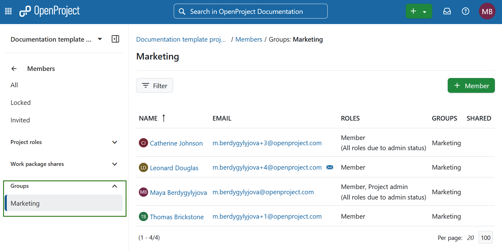 “Marketing” group members shown under Members module in a project in OpenProject