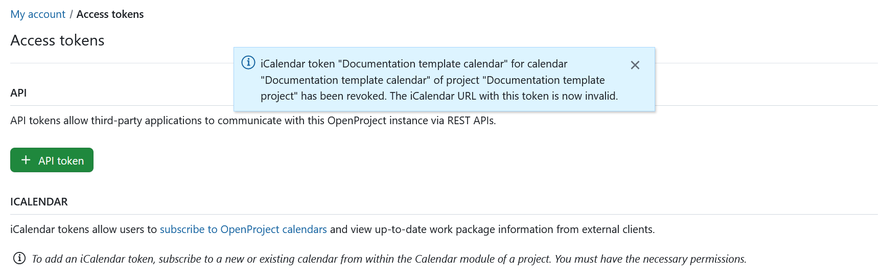 El token de acceso al calendario de OpenProject no es válido