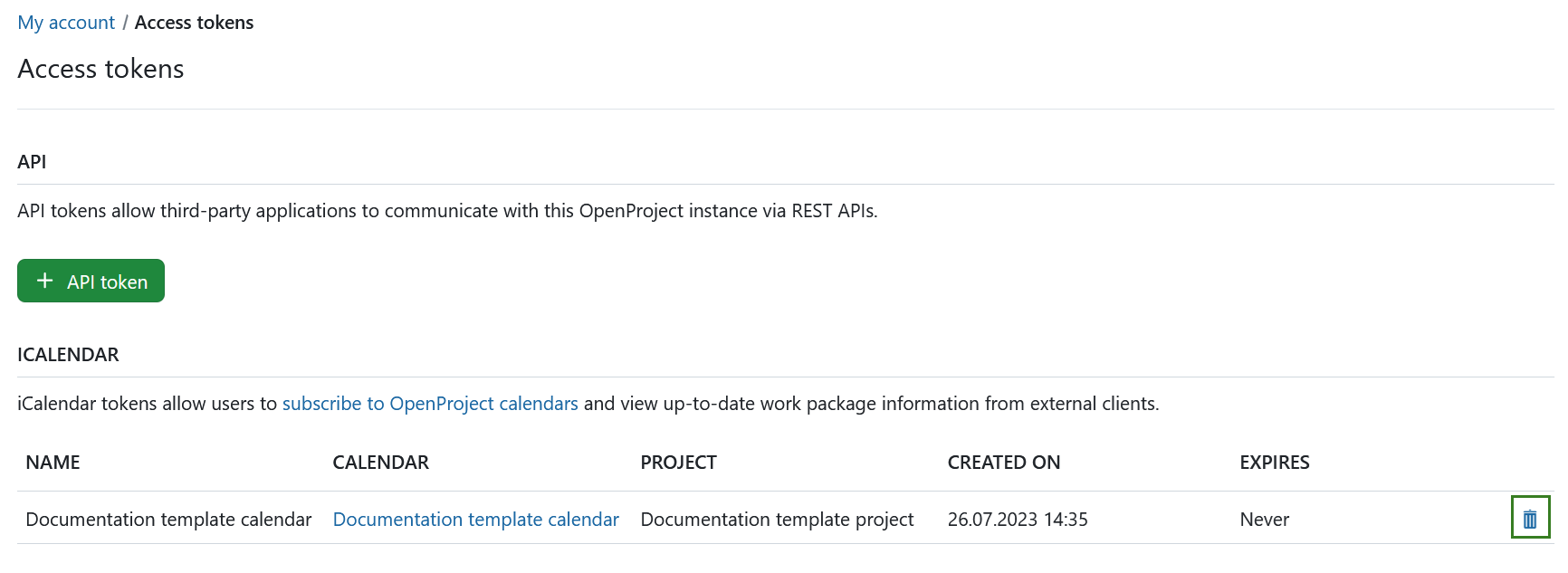 OpenProject delete calendar in My Account