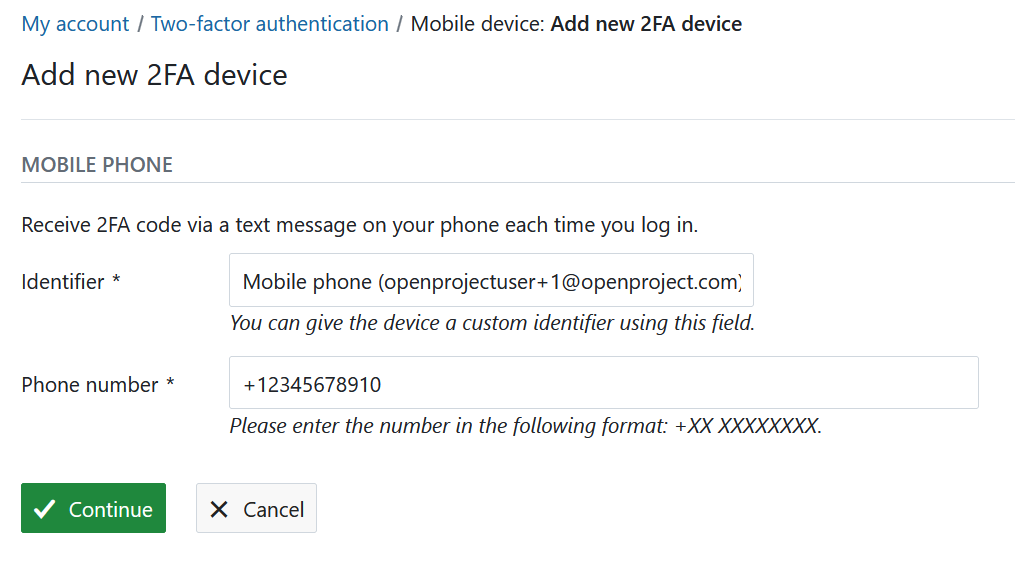 Add a new mobile phone as a 2FA device in OpenProject