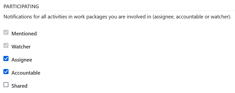 Una captura de pantalla de las opciones para los paquetes de trabajo participantes