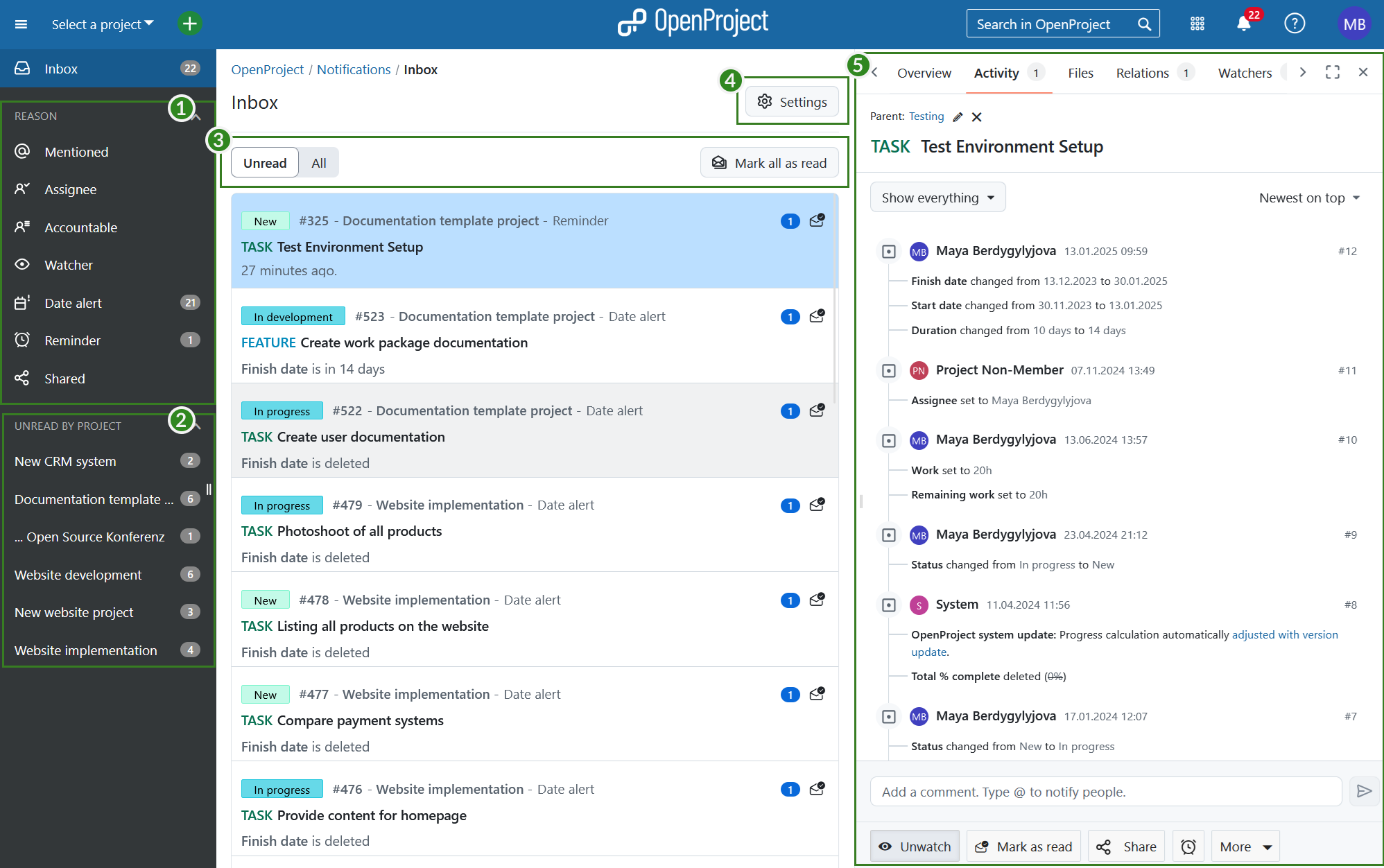 Explicación de la vista de pantalla dividida del centro de notificaciones de OpenProject