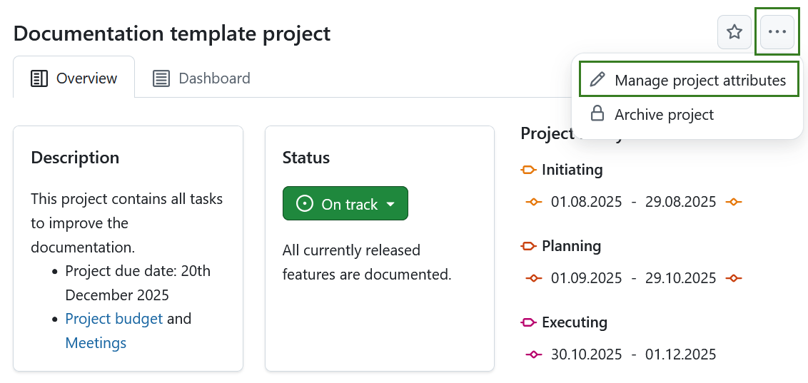 Link to project attribute settings from project overview page in OpenProject