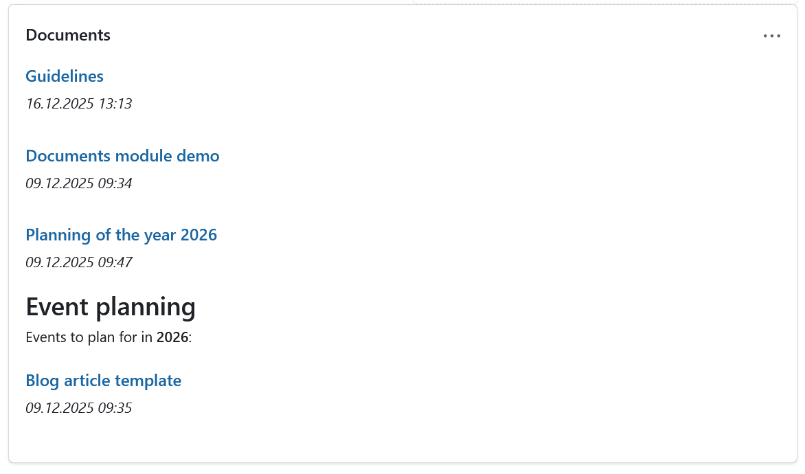 Documents widget on a dashboard tab of project home page in OpenProject