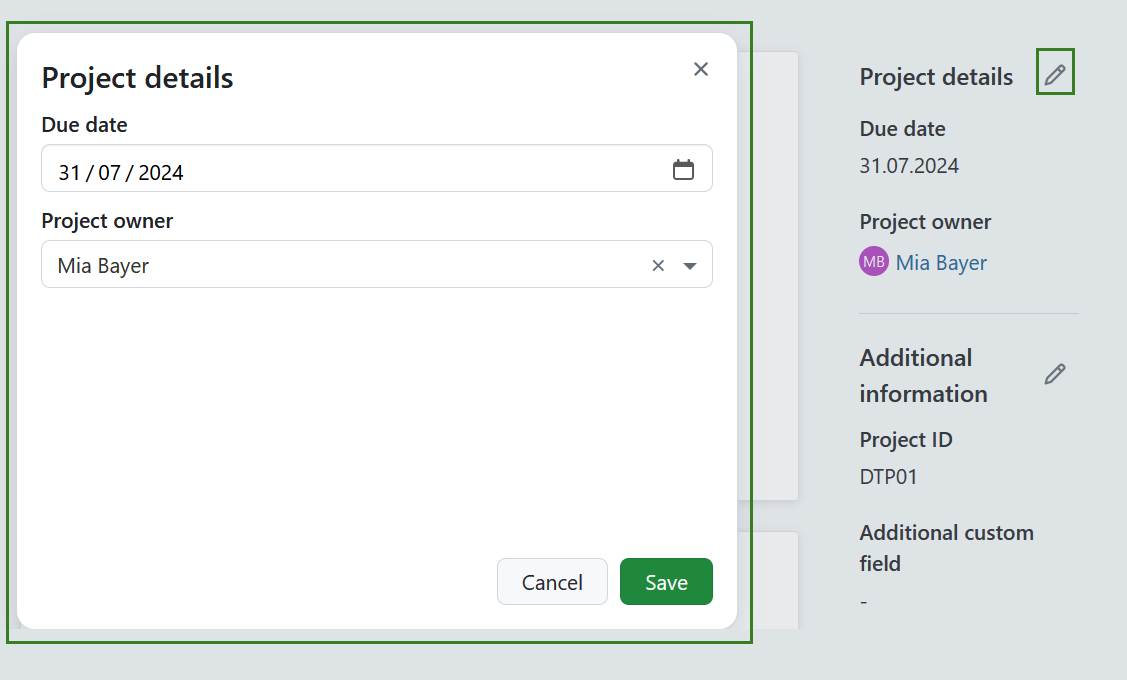 Modifier une section d’attributs de projet sur la page de présentation du projet