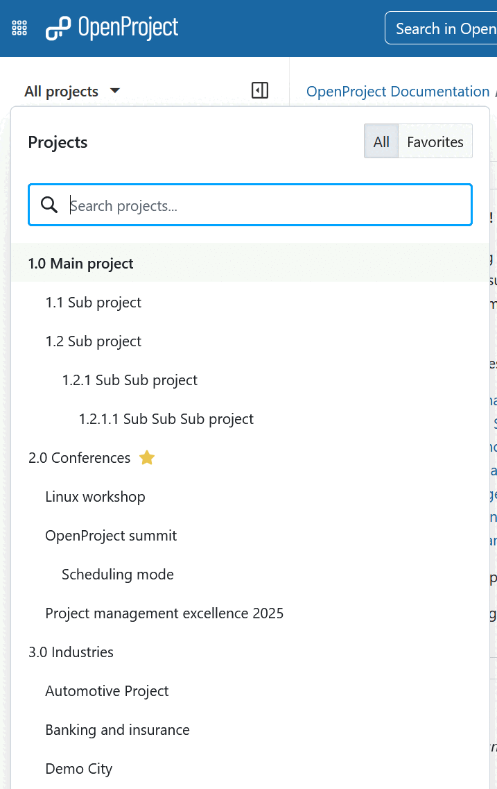 Example of a project hierarchy shown in “Projects” dropdown menu in OpenProject