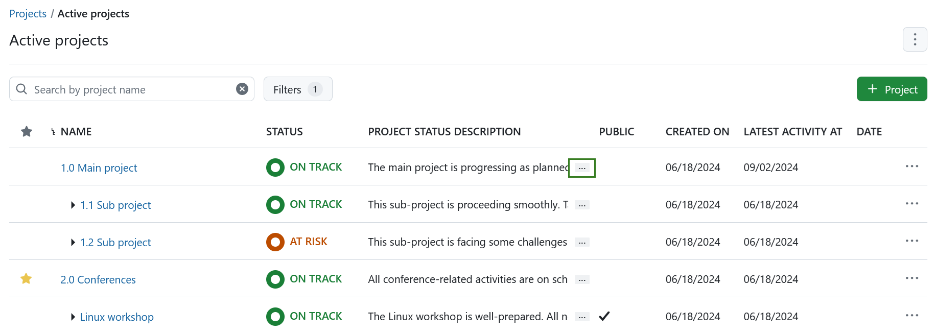 Open a project description in the project lists view in OpenProject