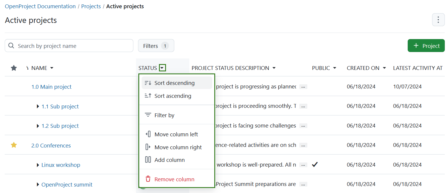 Configure project lists view by using column header dropdown menu