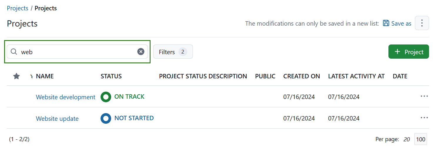 Filtrer les listes de projets par nom de projet dans OpenProject