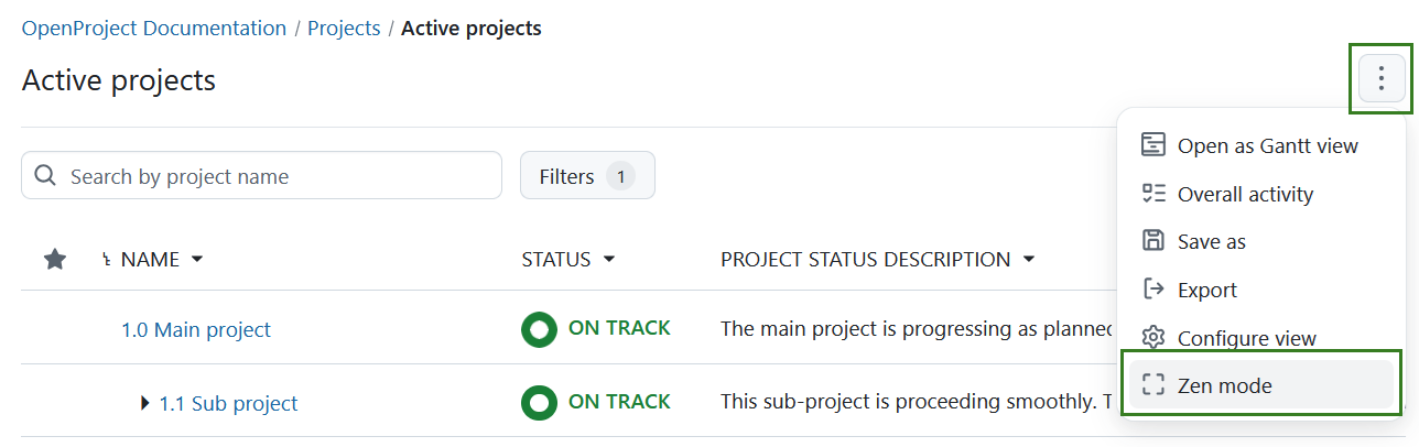 Sélectionner le mode Zen dans les listes de projets OpenProject